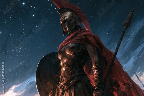 Fearsome Spartan Warrior Woman Under a Starry Night Sky in Red Cloak and Bronze Armor