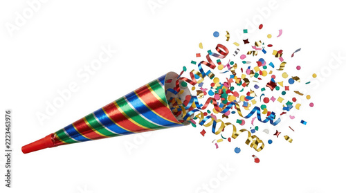 A colorful party horn with confetti spilling out on transparent background