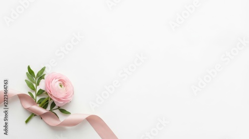 Delicate Pink Ranunculus Bloom and Elegant Silk Ribbon on White Background - Perfect for Weddings, Anniversaries, and Celebrations.