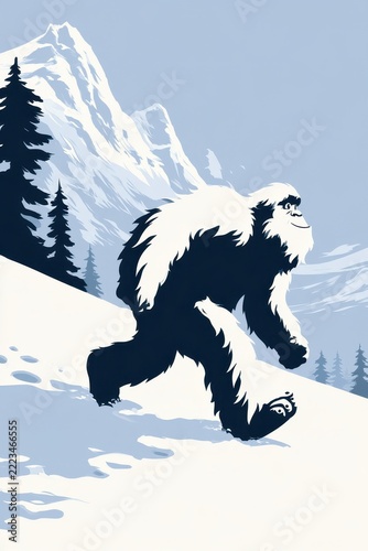 Cartoon bigfoot in side profile with white fur, cheerful monster in a frosty mountain setting