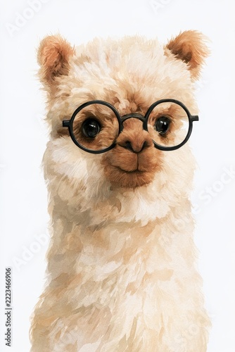 Charming alpaca character in soft watercolor with stylish round glasses on a clean canvas