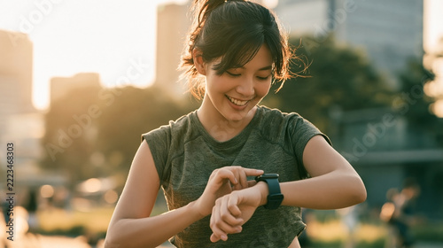 Young woman in the park with smartwatch.