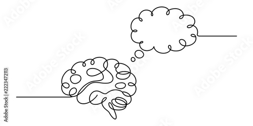Continuous line drawing of human brain with thought bubble Vector, illustration