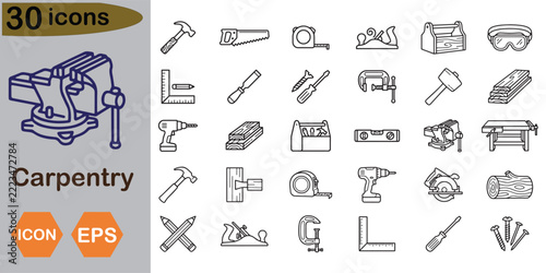 Carpentry line art icon set
