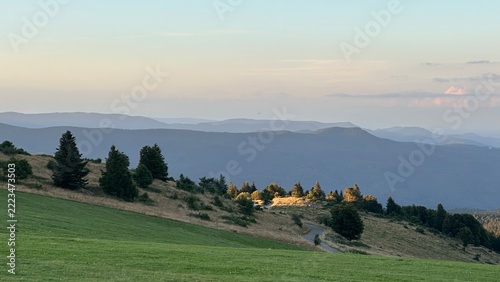 Obraz na plátně Alpage et sapins dominant des vallées bleutées au crépuscule