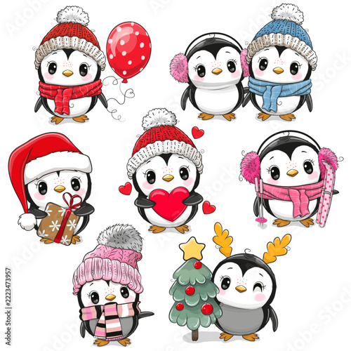 Set of Cute cartoon Christmas Penguins on a white background