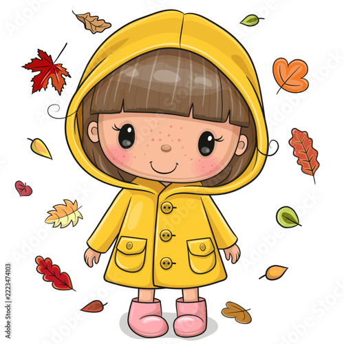 Cute Cartoon Girl in yellow raincoat with leaves background