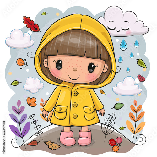 Cute Cartoon Girl in yellow raincoat on the meadow