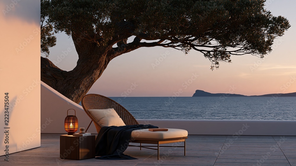 Fototapeta premium Serene Mediterranean patio with modern chaise lounge and ocean view at sunset