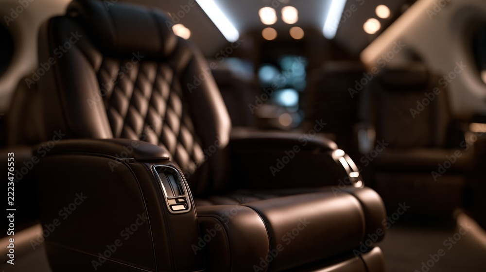 Naklejka premium Luxurious Private Jet Interior with Plush Leather Seating and Ambient Lighting