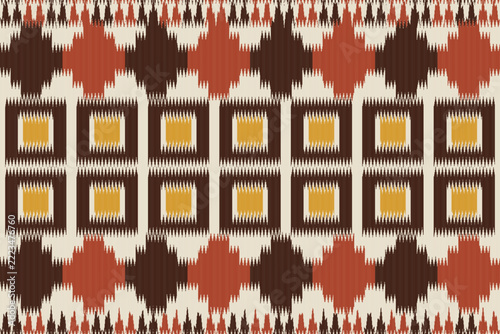 Ethnic Ikat Seamless Pattern, Square Motif, Boho Surface Design, Brown, Red and Beige Cream