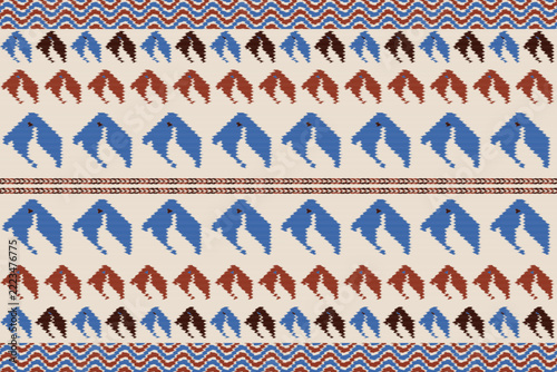 Ethnic Ikat Seamless Pattern, Shrimp Motif, Dark Red, Red and Beige Cream, Soft Torn Thread