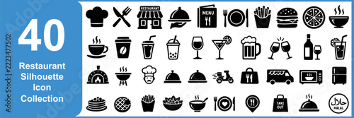 Restaurant silhouette icon collection, food service symbols, dining and hospitality vector set