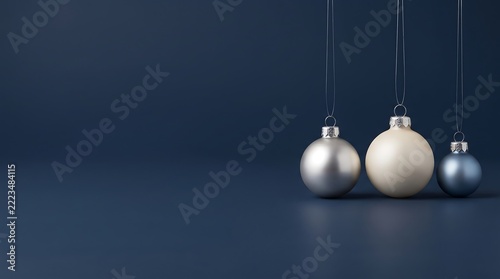 Three elegant Christmas baubles hanging against a dark blue background. The ornaments are isolated on a white background, perfect for holiday designs.