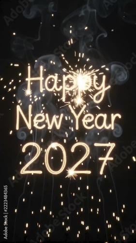 Happy New Year 2027 Sparkling Text Animation with Fireworks and Particles on Black Background Vertical Loop