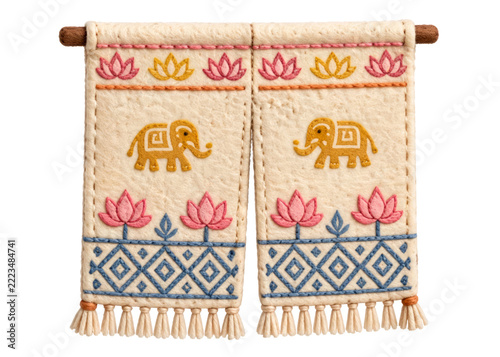 Handcrafted felt noren door curtain with elephant and lotus embroidery, isolated on a transparent background.