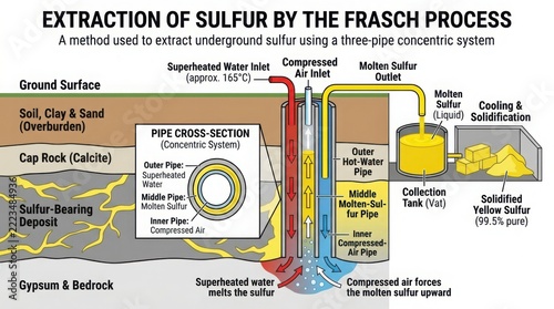 Educational diagram showing the frasch process for underground sulfur