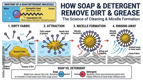 Educational infographic showing how soap and detergent molecules