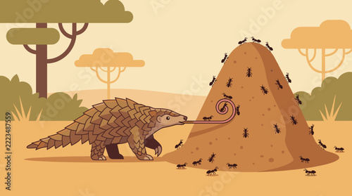 Pangolin using long tongue to eat ants from mound.