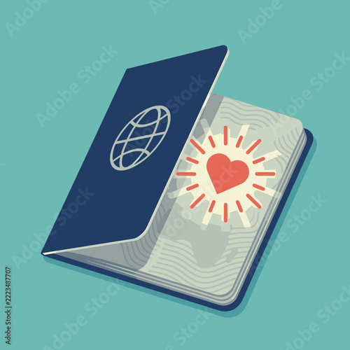 Open blue passport with a glowing red heart icon.