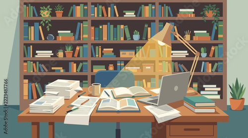 Organized chaos on desk in cozy home library room.