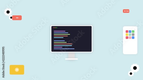 Digital Workspace with Code Editor Smartphone and App Development Elements.