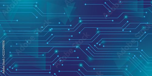 Abstract Technology Circuit Board Background with Glowing Nodes in Blue Gradient