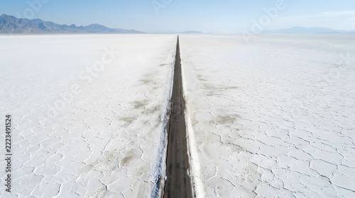 Aerial view of a long straight road cutting through the vast white expanse of the salt flats toward distant mountains under a clear sky.