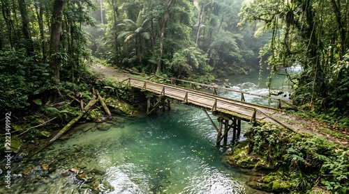 Rustic wooden footbridge crossing a crystal clear turquoise river in the heart of a lush tropical rainforest.