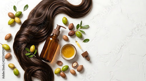 Long Hair with Moroccan Argan Oil Fruits on White Background
