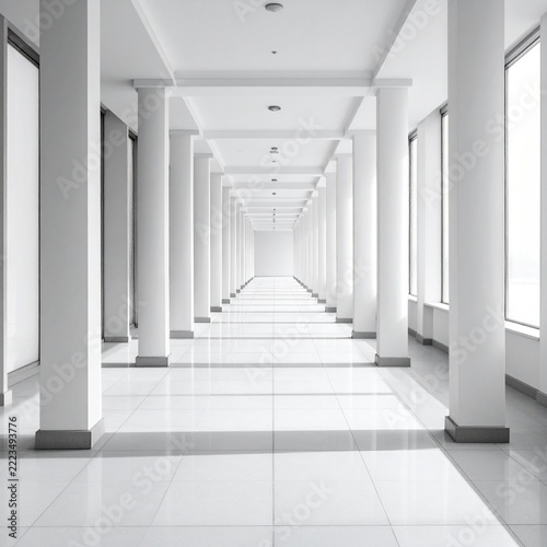 A bright and minimalist long hallway in a modern office building featuring symmetrical white columns and polished tiled flooring perspective.