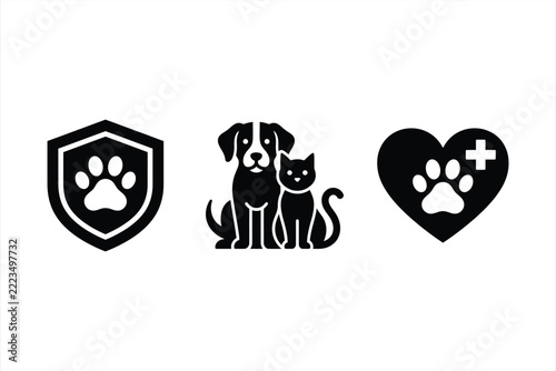 Pet Care Icon Set With Shield, Dog, Cat, And Medical Heart
