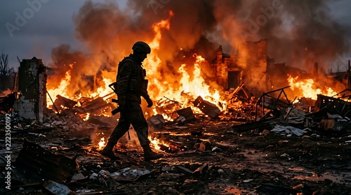 Firefighter battling intense wildfire flames.