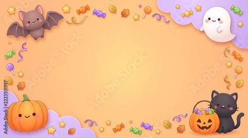 Cute Kawaii Halloween Bat Ghost Cat And Pumpkin Frame 3D Illustration With Copy Space