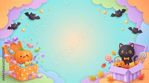 Cute Kawaii Halloween Pumpkin And Black Cat In Boxes 3D Illustration With Copy Space