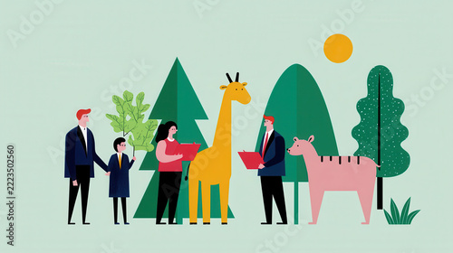 Whimsical illustration featuring people in business attire interacting with animals in forest setting, conveying sense of collaboration and nature