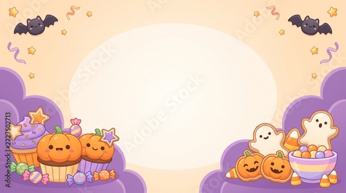 Cute Kawaii Halloween Ghost Pumpkin Cupcake Frame 3D Illustration With Copy Space