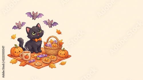 Cute Black Cat Halloween Pumpkin Basket Vector Illustration With Copy Space