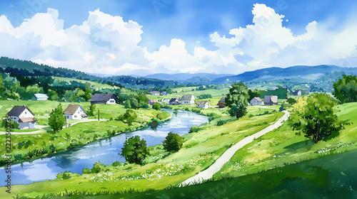Serene landscape featuring picturesque village by river, surrounded by lush green fields and rolling hills under bright blue sky