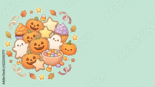 Cute Halloween Pumpkins Ghosts And Candy Vector Illustration With Copy Space