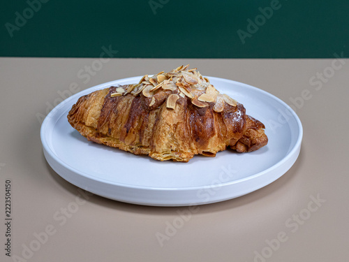 Golden croissant rests on white plate. 