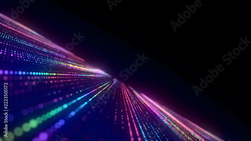 Digital abstract background of fast moving neon light particles creating