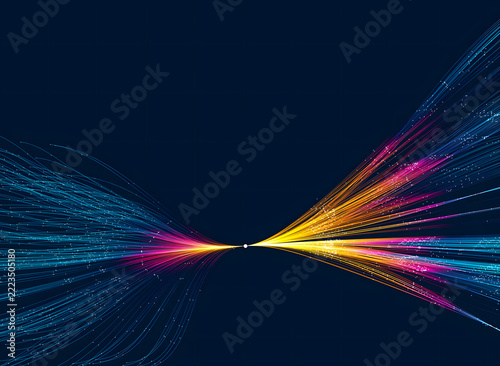 Converging streams of high speed digital data particles moving towards horizon