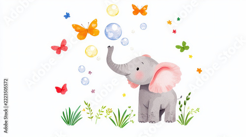 Cute elephant surrounded by colorful butterflies and bubbles, creating joyful and playful atmosphere