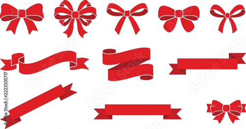 Set of festive red ribbon bows and decorative banner elements isolated on a plain white background for holiday greeting card designs