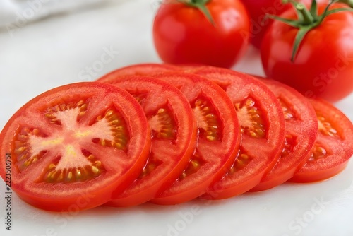 Close Up Shot of Fresh Juicy Red Tomato Slices Arranged in a Row alongside Whole Ripe Tomatoes on White Kitchen Surface, Healthy Food Ingredient