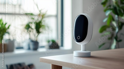 Modern white smart home security camera placed on a wooden table in a bright and contemporary living room