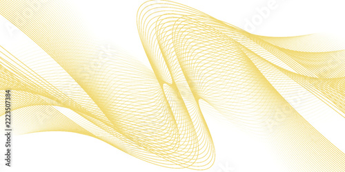 Luxury abstract gold wavy line pattern (guilloche curves) with copy space. Elegant golden color smooth gradient on white background. Premium vector striped texture for banner, business backdrop.