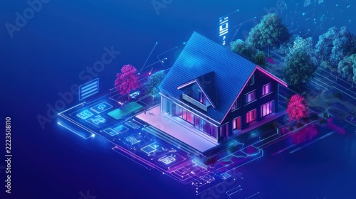 Smart house concept with modern home automation system and digital architecture interface on blue background