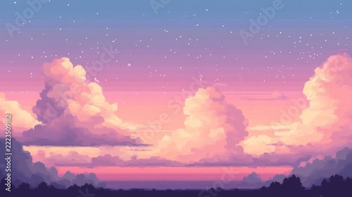 Pixel art landscape background with a dreamy pink and purple sunset sky full of tiny stars and fluffy clouds